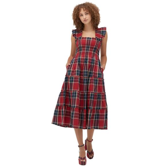 HILL HOUSE Tiered Red Green White Plaid Striped Dress – Medium - Picture 6 of 16
